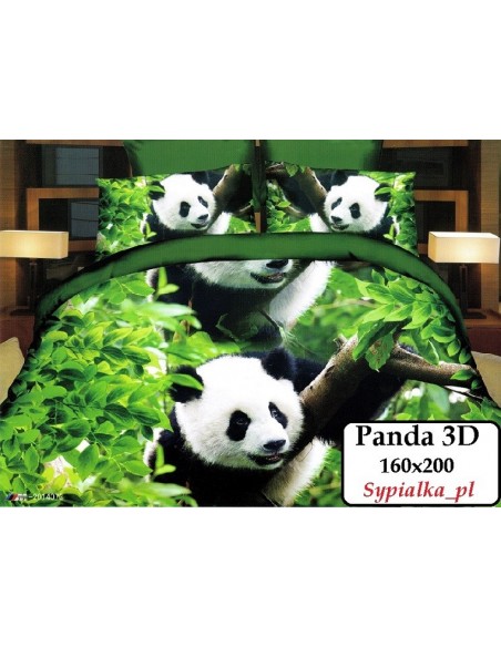 Pościel 3D Panda 160x200 Zielona w Pandy z satyny bawełnianej