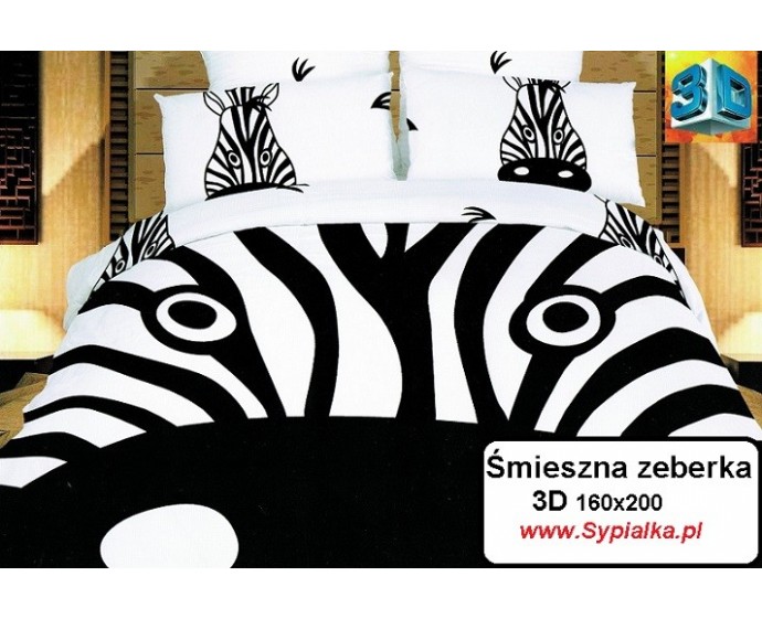 Pościel 3D Zebra 160x200 czarno-biała śmieszna z satyny bawełnianej