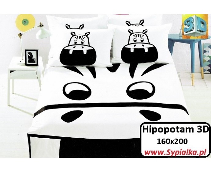 Pościel 3D Czarno-biała Hipcio 160x200 Hipopotam