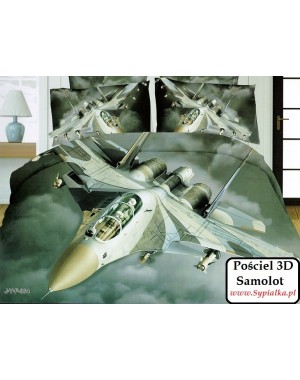 4cz. Pościel szara 3D Samolot wojskowy 140x200 z prześcieradłem
