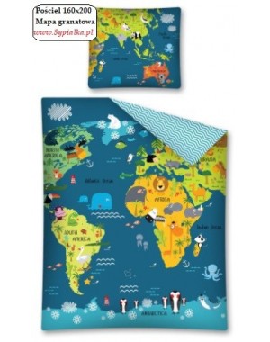 Pościel dziecięca - Mapa Świata 160x200 bawełna Zwierzęta-Oceany