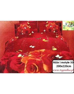 Pościel 3D Czerwona w róże i motyle 200x220 satyna bawełniana