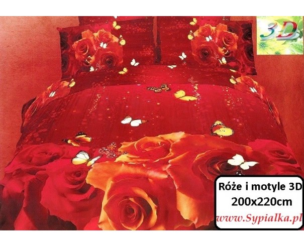 Pościel 3D Czerwona w róże i motyle 200x220 satyna bawełniana
